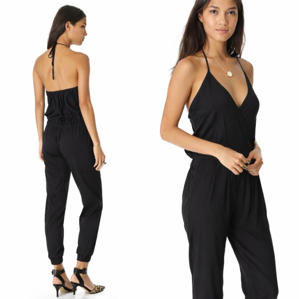Emerson Thorpe Jumpsuit XS Jogger Pants V Neck SILK Black Sleeveless Halter Tie